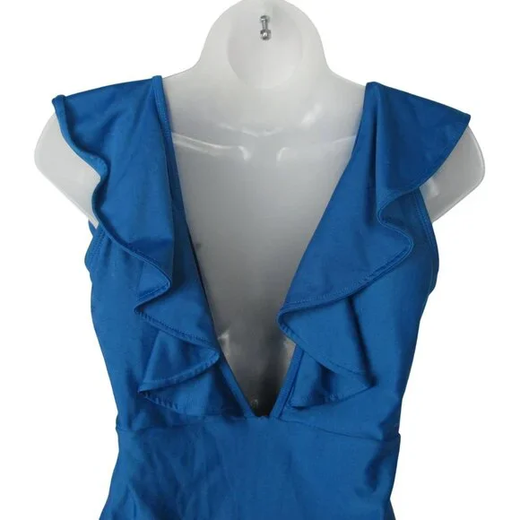 SPORLIKE Women One Piece Swimsuit V-Neck Ruffle Bathing Suit Blue Coastal Flirty - Picture 4 of 7